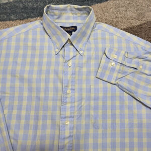 Brooks Brothers Shirt L Woven in Italy Blue Yellow Check Button Down USA Made